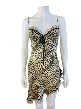 Roberto Cavalli Rare Y2K Vintage Leopard Print Slip Silk Dress with Black Trim